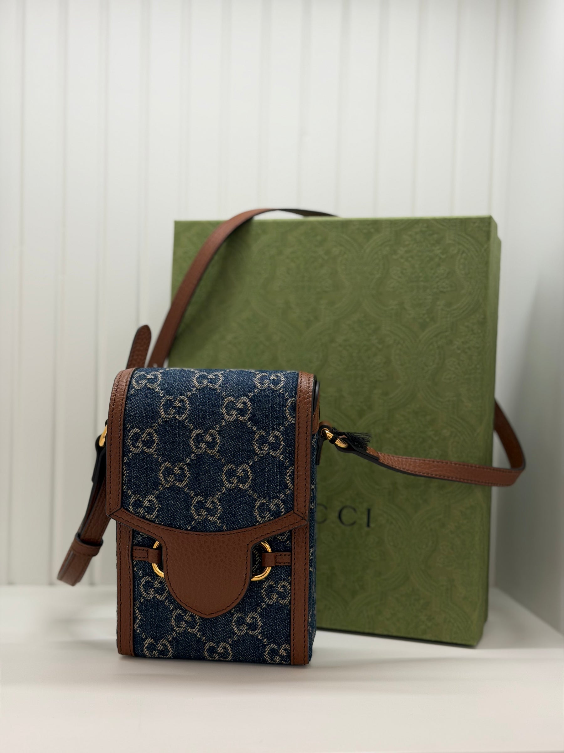 Gucci Horsebit 1955 Mini Bag GG Denim/ Brown Leather