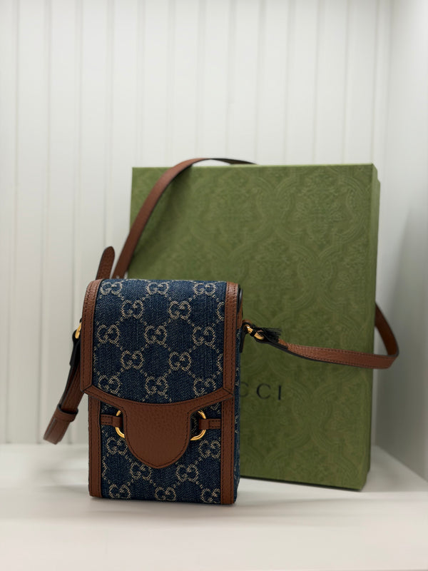 Gucci Horsebit 1955 Mini Bag GG Denim/ Brown Leather