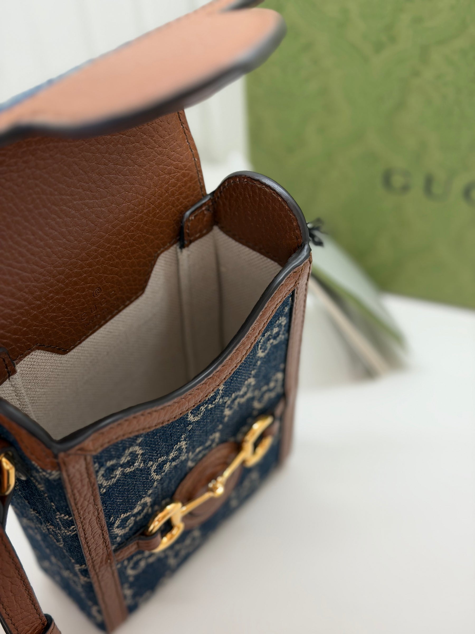 Gucci Horsebit 1955 Mini Bag GG Denim/ Brown Leather