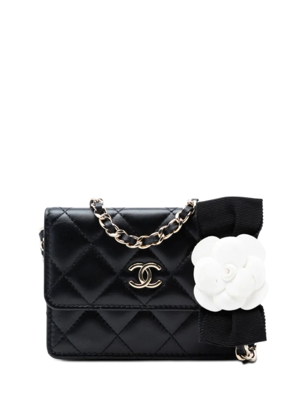 Channel Quilted Lambskin Camellia Bow Card Holder On Chain crossbody bag