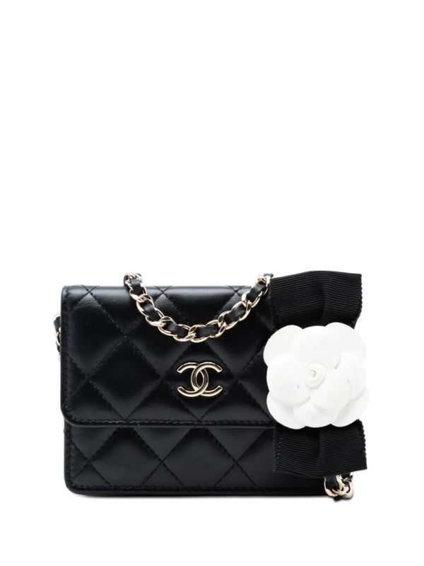 Channel Quilted Lambskin Camellia Bow Card Holder On Chain crossbody bag