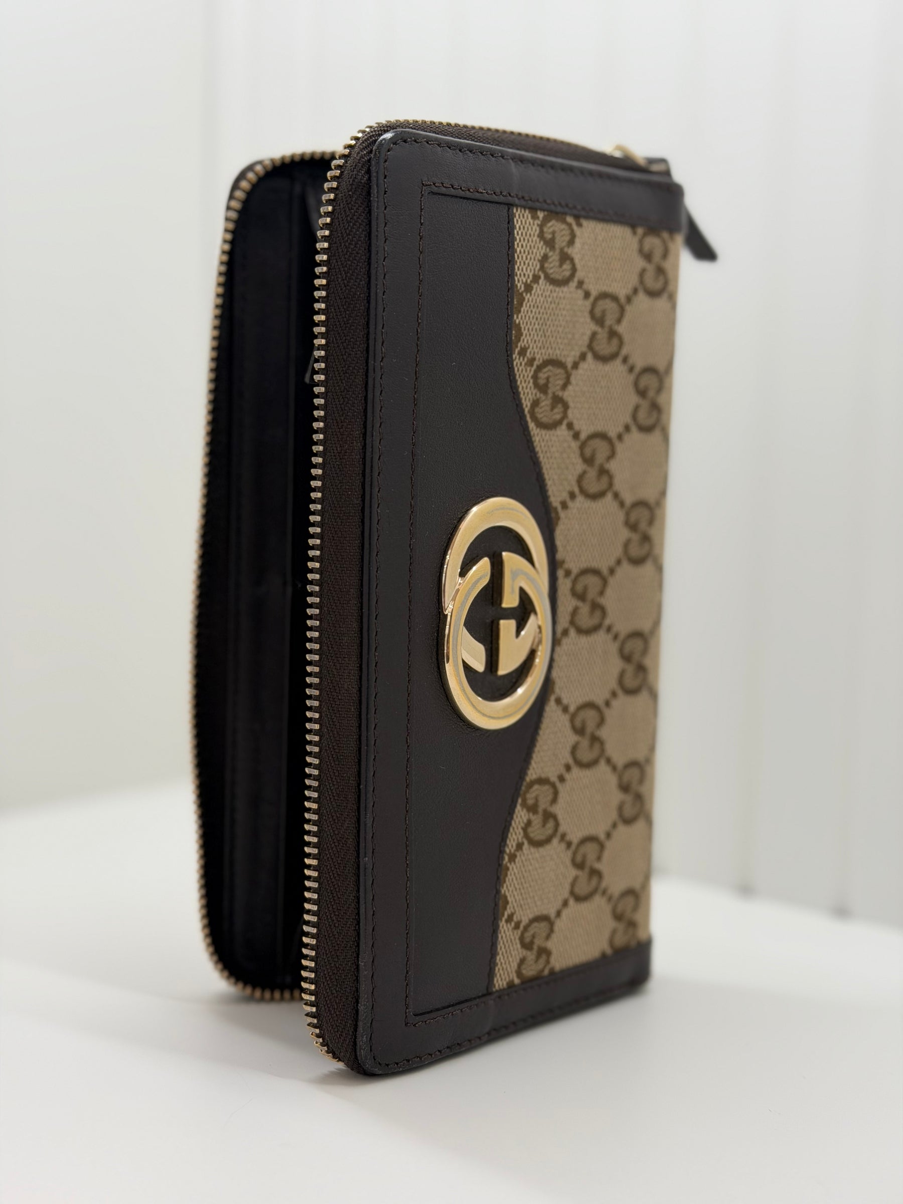 Gucci Beige/Brown GG Canvas and Leather Sukey Zip Around Wallet