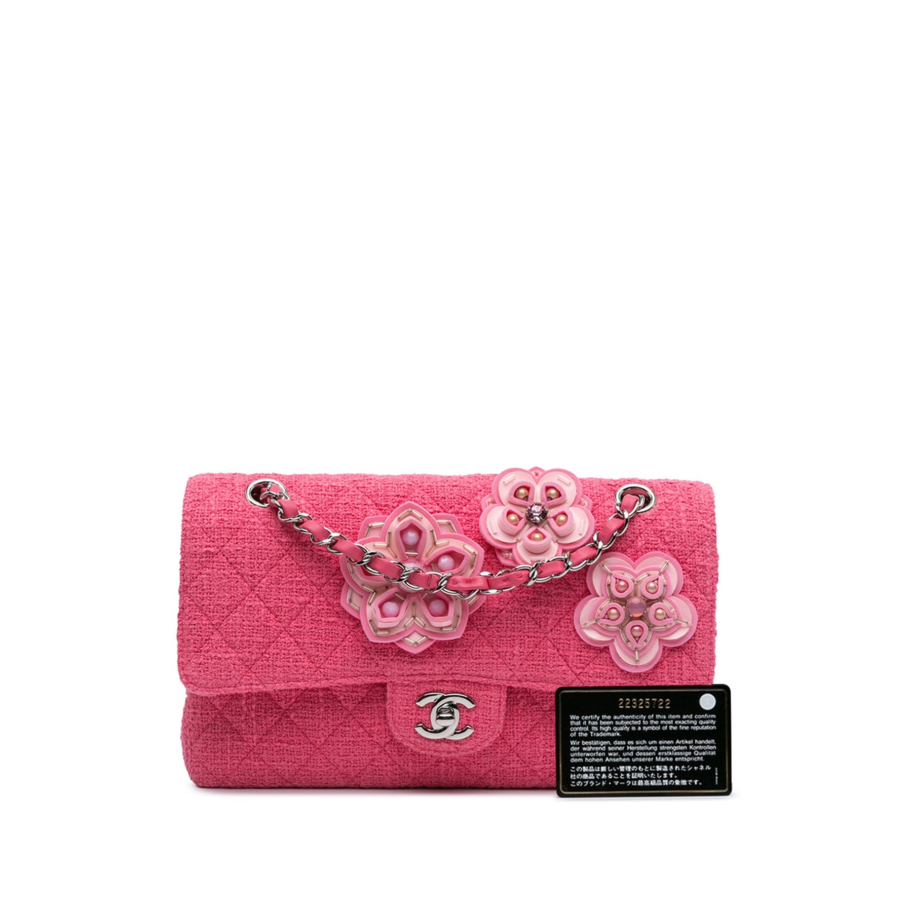 Chanel Medium Classic Tweed Beaded Flower Double Flap