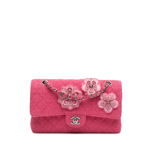 Chanel Medium Classic Tweed Beaded Flower Double Flap