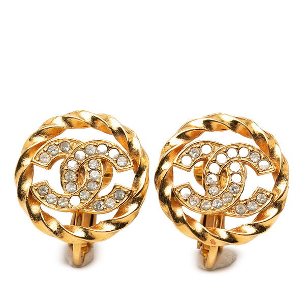 Chanel Gold Plated CC Crystal Twisted Round Clip On Earrings