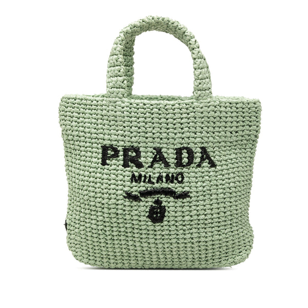 Prada Small Raffia Effect Crochet Embroidered Logo Tote