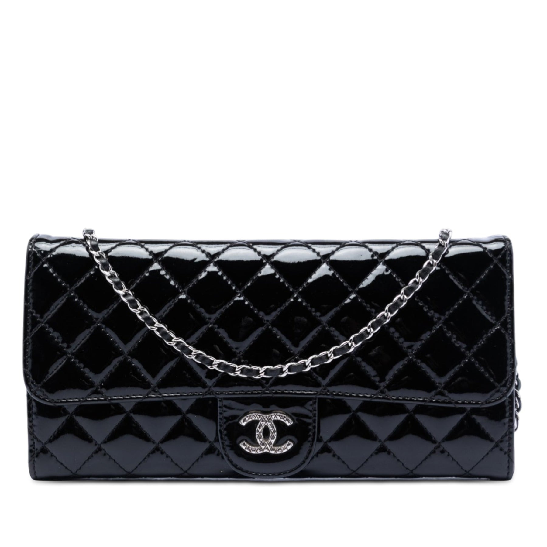 Chanel Quilted Patent Brilliant East West Flap Clutch with Chain