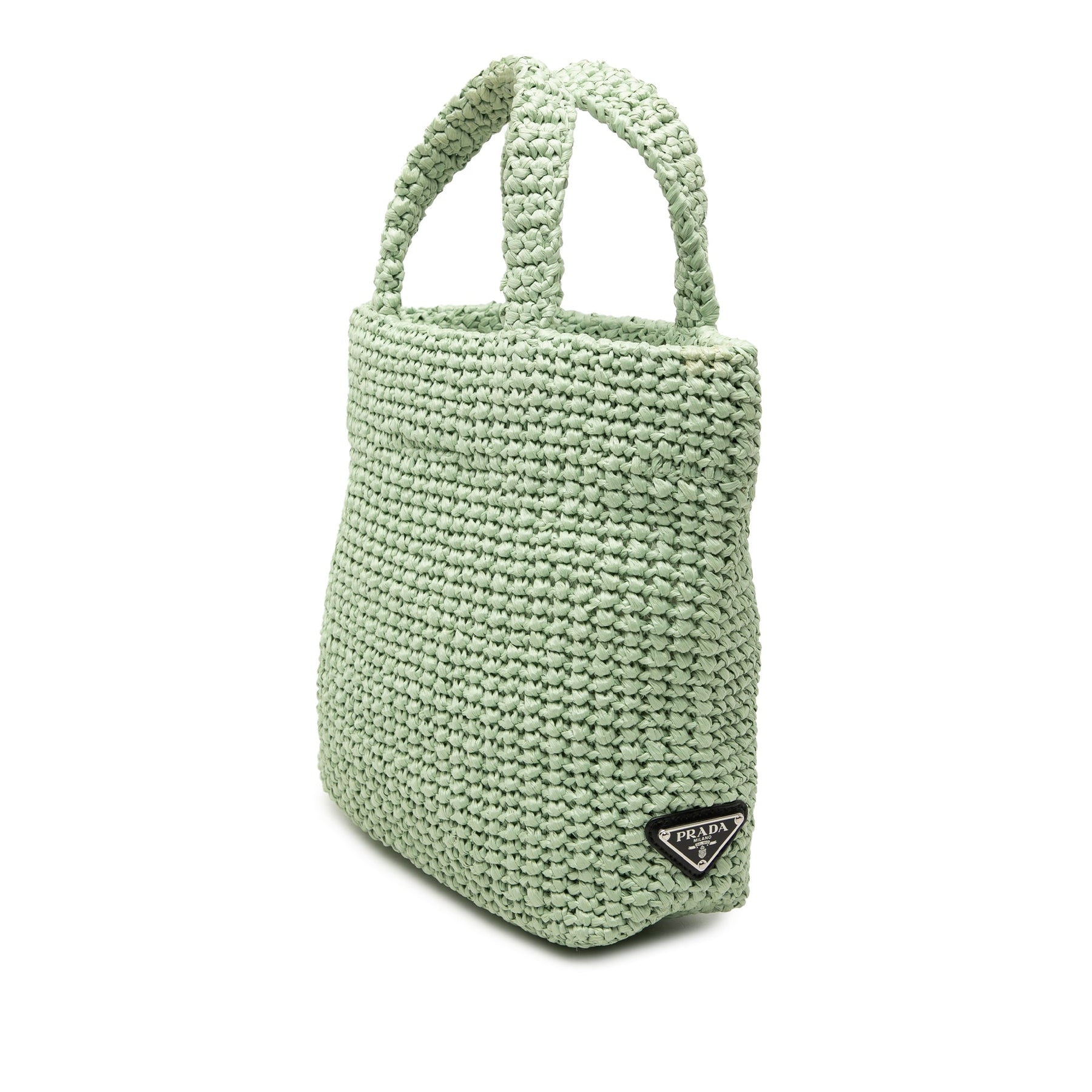 Prada Small Raffia Effect Crochet Embroidered Logo Tote