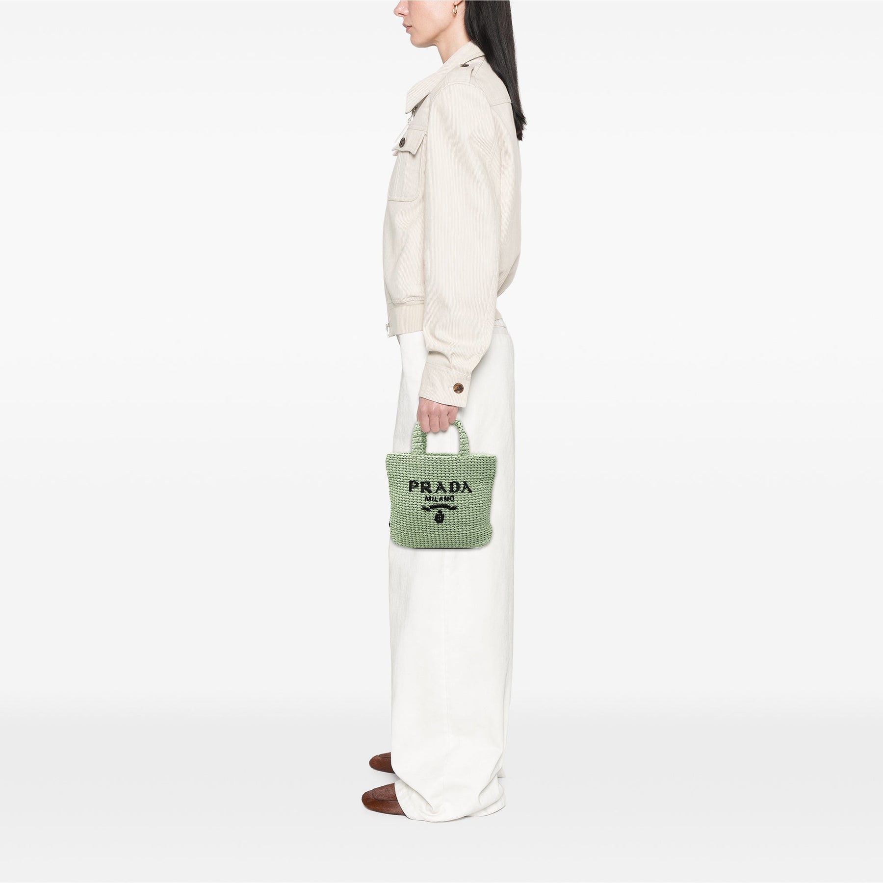 Prada Small Raffia Effect Crochet Embroidered Logo Tote