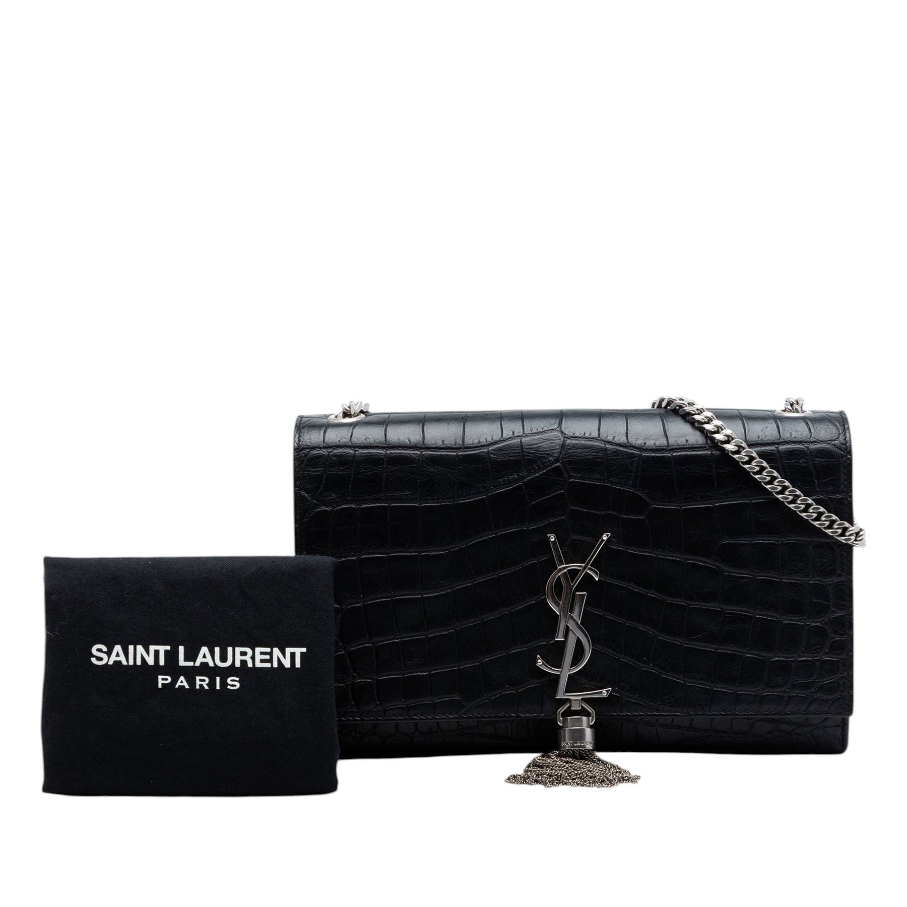 Saint Laurent Medium Croc Embossed Leather Kate Tassel Crossbody